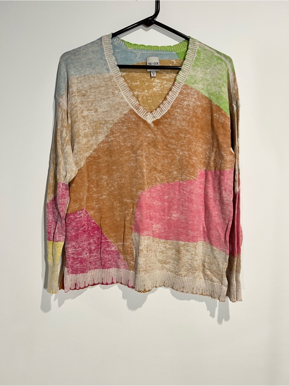NIC+ZOE Multicolor Abstract V-Neck Sweater - Pink, Brown, Green, Blue, Cream